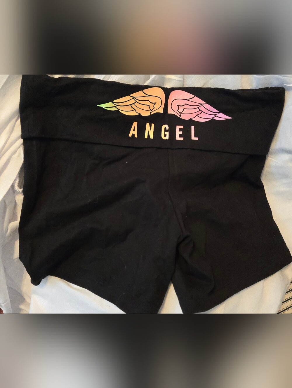 Victoria's Secret Y2k Black 'Angel' Shorts with Rainbow Wings Fold Over Yoga M